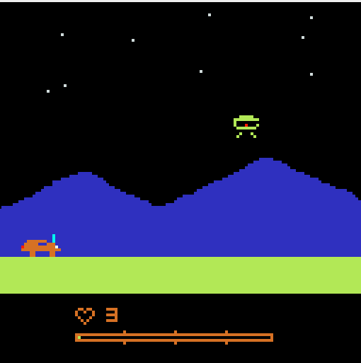 The Moon Patrol game running in the MARS bitmap display — a rover, mountains, and an enemy.